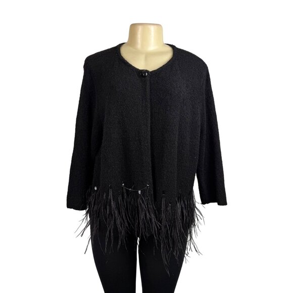 Chicos Womens Black Acrylic/Nylon/Wool Feather Trim Long Sleeve Cardigan Size 2 - Picture 1 of 11
